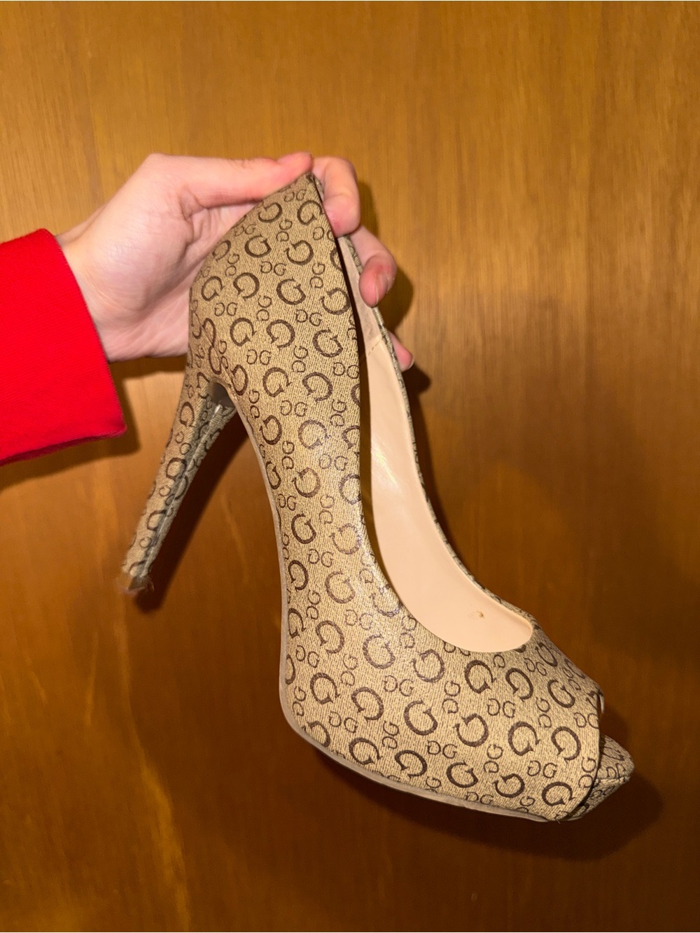 Guess Beige Logo Print Peep-Toe Stiletto Heels